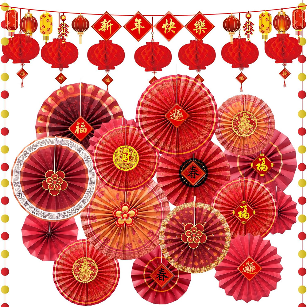 Ragnhild 24 Pcs Chinese New Year Decorations 2026, Chinese Red Paper Fans Lanter