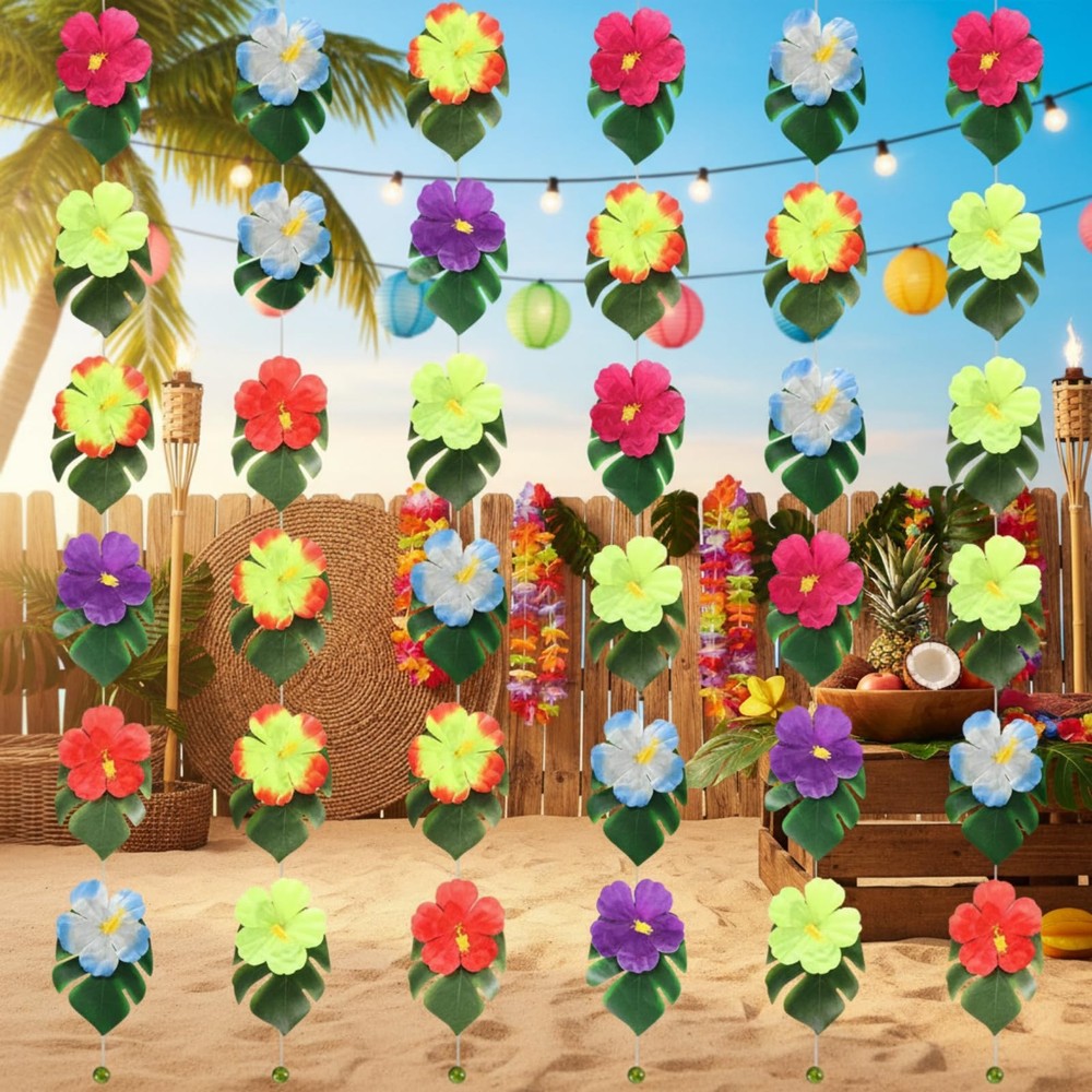 Hawaiian Hibiscus Flower Garland 5.9 ft Tropical Artificial Palm Leaf and Hib…