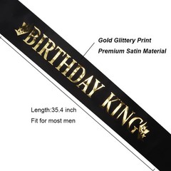 King Crown and Birthday Sash for Men, Gold Rhinestone Tiara Prince Black