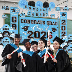 Graduation Decorations 2026 Light Blue Party Decor Set with Congrats Grad Banner
