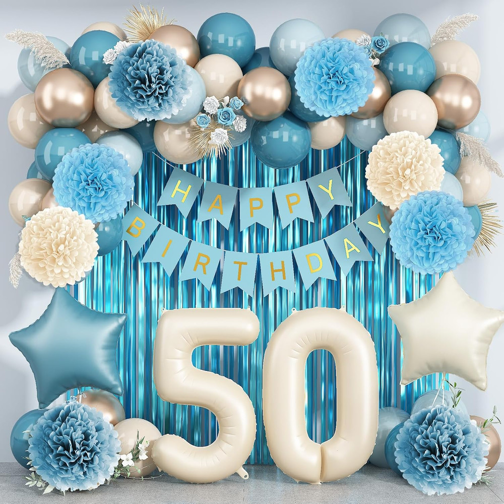 Dusty Blue 50Th Birthday Party Decorations for Women Men Beige Cream Number 50 B