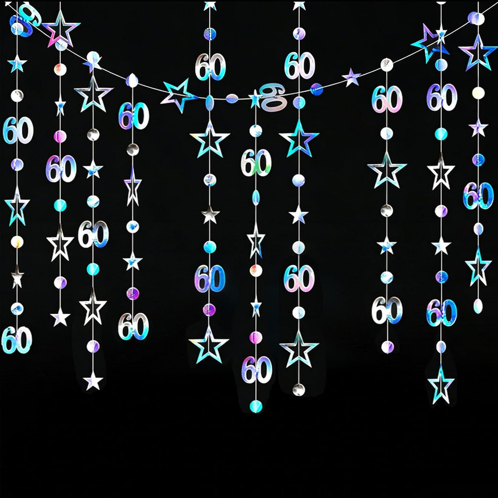 Iridescent 60Th Birthday Decorations for Her and Him Number 60 Circle Dots Star