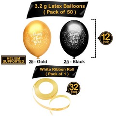 , Black and Gold New Year Balloons 2026 – Pack of 50 | Happy New Year Latex B…