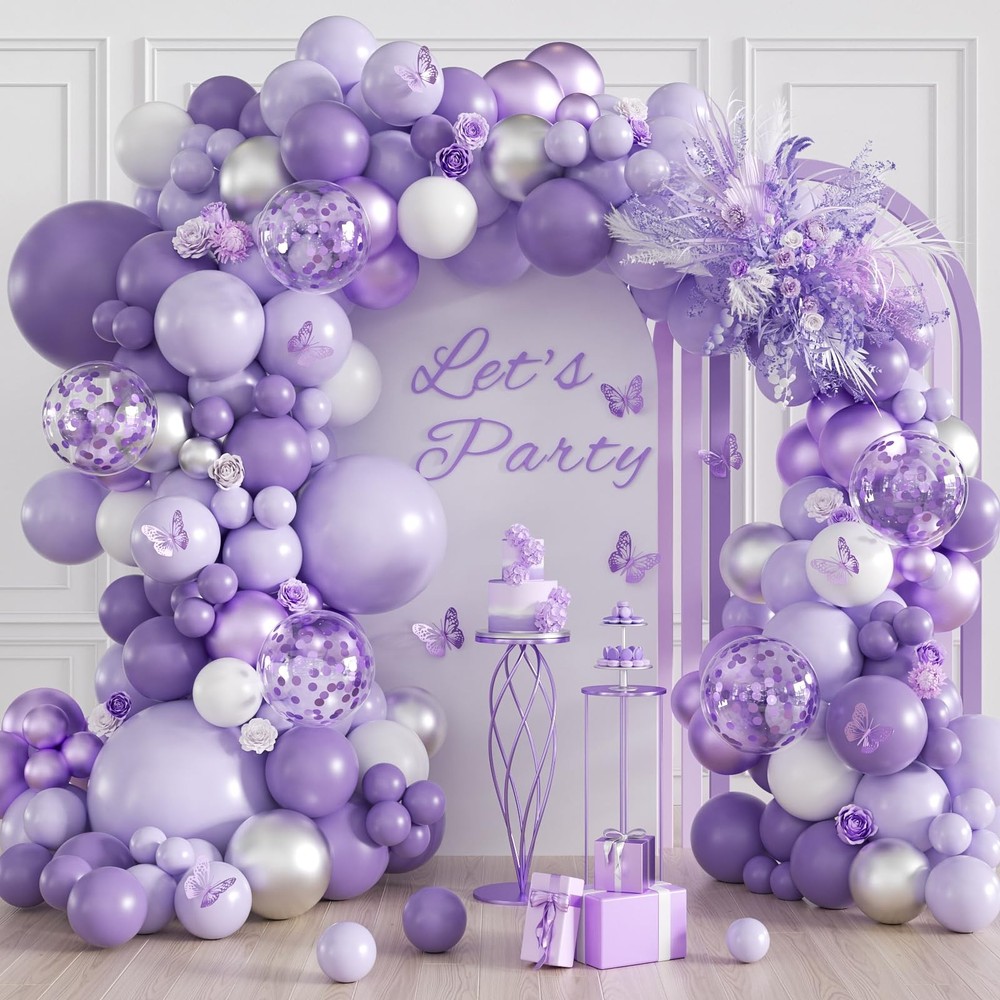 Purple Balloon Arch Kit with Pastel Metallic Purple Confetti Silver White Bal…