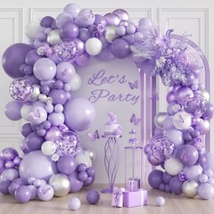 Purple Balloon Arch Kit with Pastel Metallic Purple Confetti Silver White Bal…