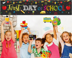 Happy First Day of School Decorations Banner Welcome Back to School Backdrop Pen