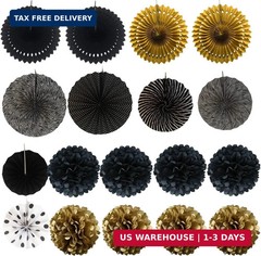 ZERODECO Party Decoration, 21 Pcs Black and Gold Hanging Paper Fans, Pom Poms Fl