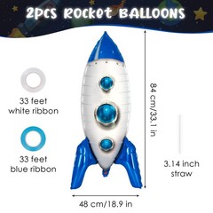2 Pcs Large Blue Rocket Balloons for Kids, 33 Inch Rocket Ship Balloon, Outer Sp