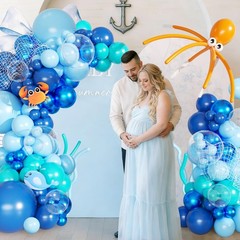 Under the Sea Balloon Arch Kit 130Pcs Dark Blue Metallic Blue Orange Long