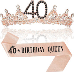 40Th Birthday Decorations for Women, Black Rose Gold 40Th Birthday Crown and Sas