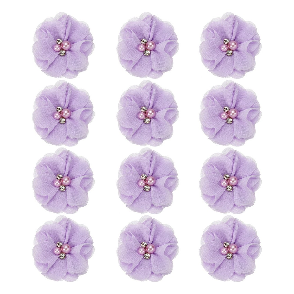 12Pcs 2″ Chiffon Flowers with Rhinestone Pearl Sewing Fabric Flowers, Purple