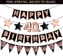 12PCS Black Rose Gold 40Th Birthday Decorations Kit for Women, Pre-Strung Happy
