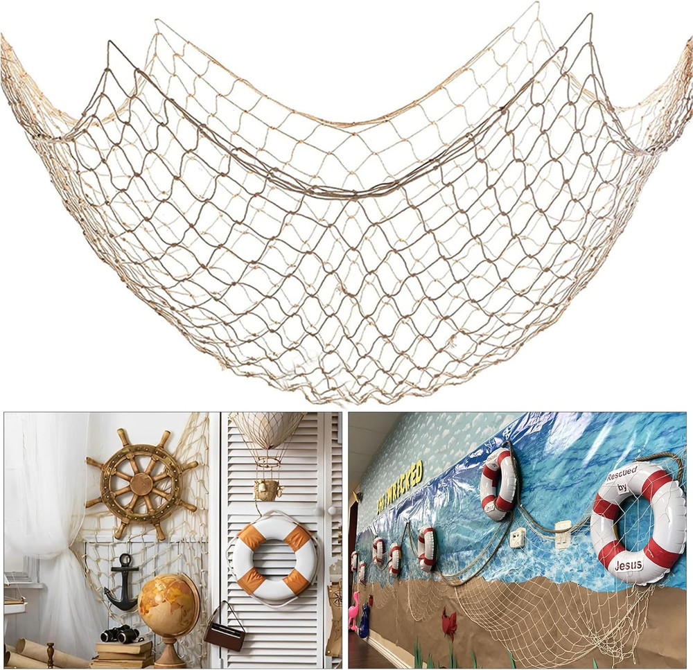 Fish Net Decorations for Party, 2Mm Natural Cotton Hawaiian Party Fish Net Decor