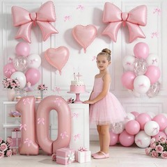 Pink Bow 10th Decorations for Girls, Light Pink White Latex Balloons with Bow…
