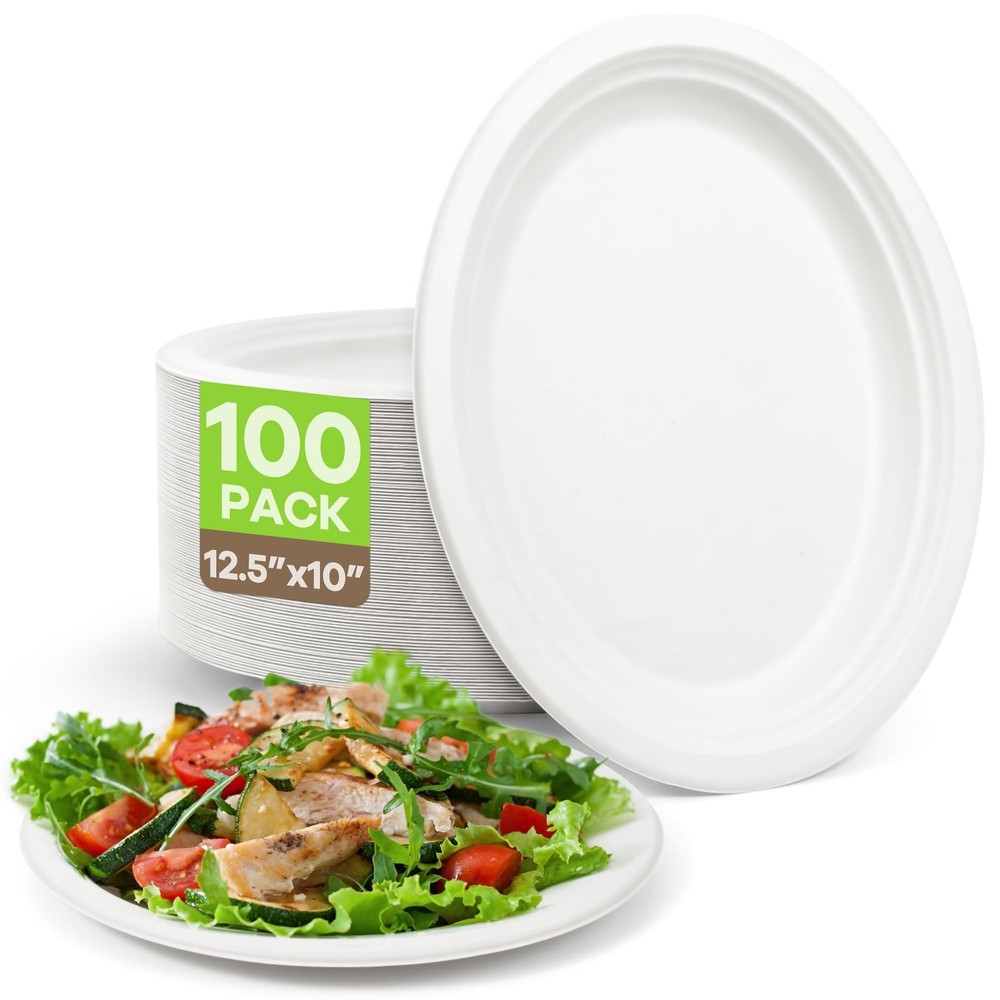 Disposable Oval Paper Plates, 100Pack 12.5inch Biodegradable Large, Compostab…