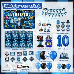 10Th Birthday Decorations for Boys, 149Pcs Blue Video Game Level 10 Party Suppli