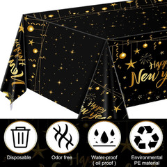 Happy New Year Banner and 3 Pcs Gold and Black Table Cover 2026 New Years Eve Pa