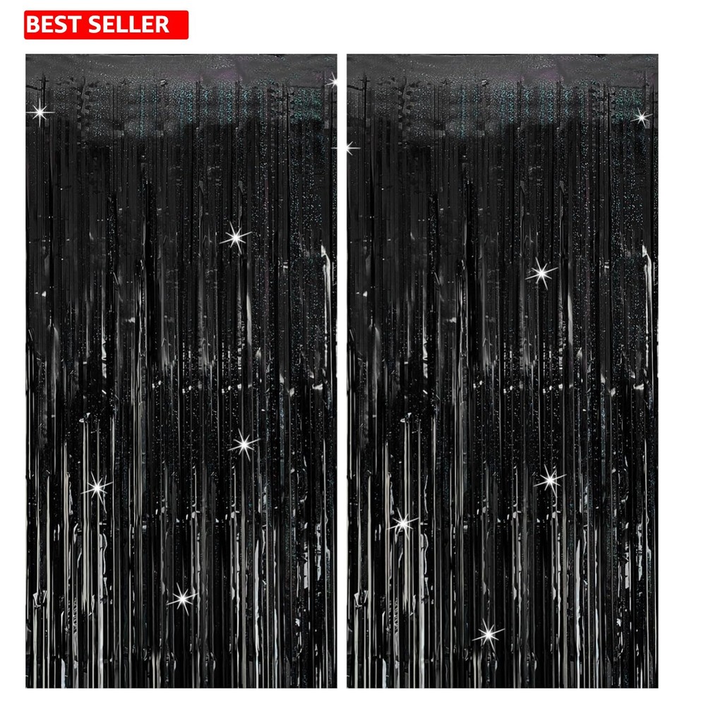 Elegant Black Tinsel Curtain Backdrop – 2 Pack for Party & Wedding Decor