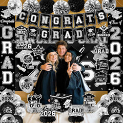 Black and Silver Graduation Decorations 2026 Set, All-In-1 Kit with Congrats Gra
