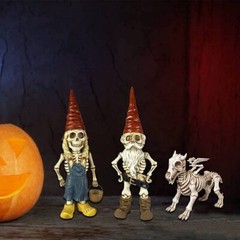Skeleton Gnome Garden Statue – Skeleton Figurine with Dog Skull & Bones Decor