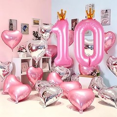 Giant Pink Number 10 Balloon with Crown, 40inch Big Baby Pink Foil Pink 10