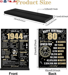 Black Gold 80th Birthday Decorations Back in 1944 Table Sign for Women Men, T…