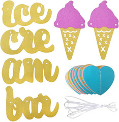 Gold Glittery Ice Cream Bar Sign Banner and Pink, Blue, Gold Heart Paper Garland