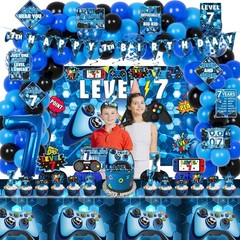 7th Birthday Decorations for Boys, 149Pcs Blue Video Game level 7 Party Suppl…