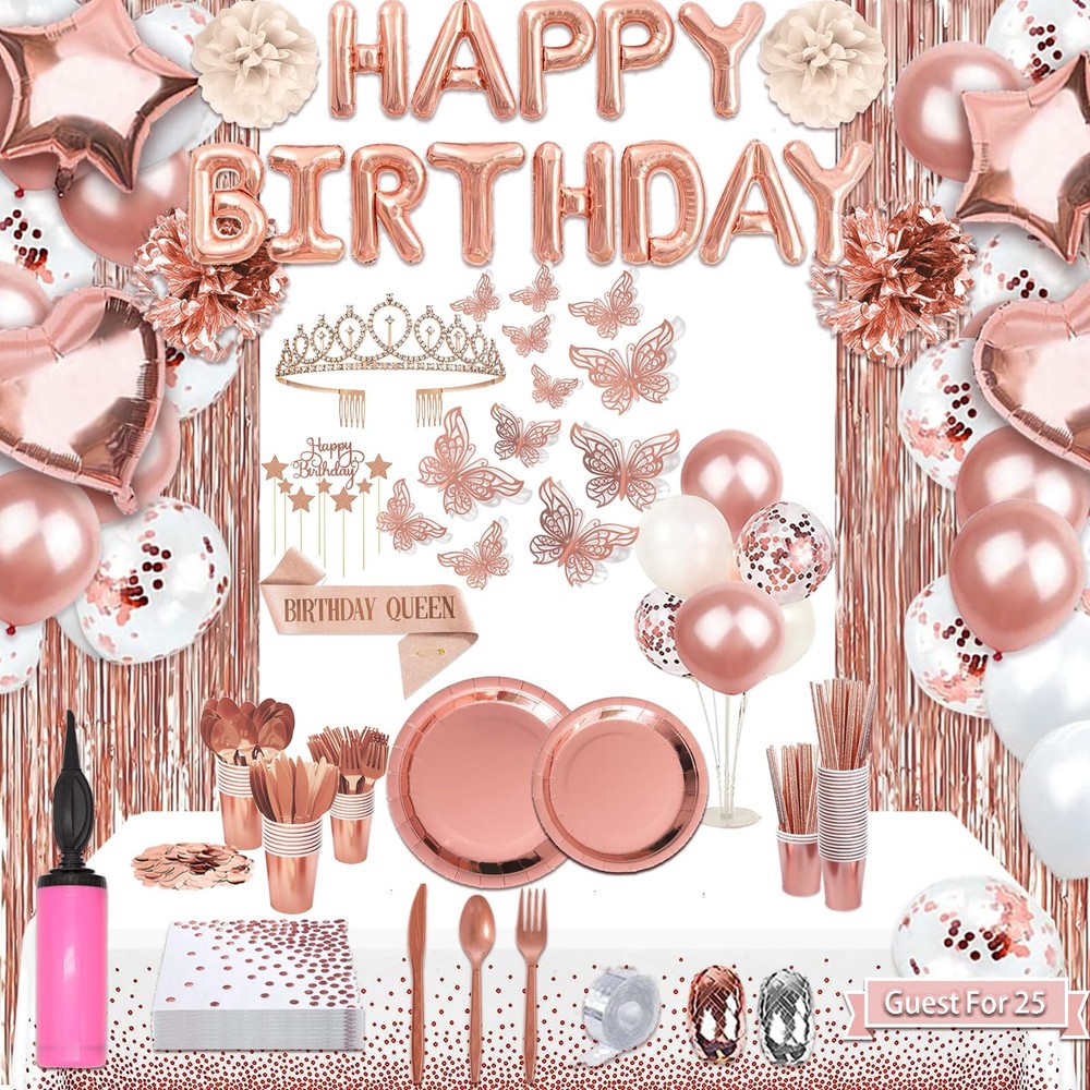 Guudmua 285 Pcs Rose Gold Party Decorations, Birthday Decorations For Women O…