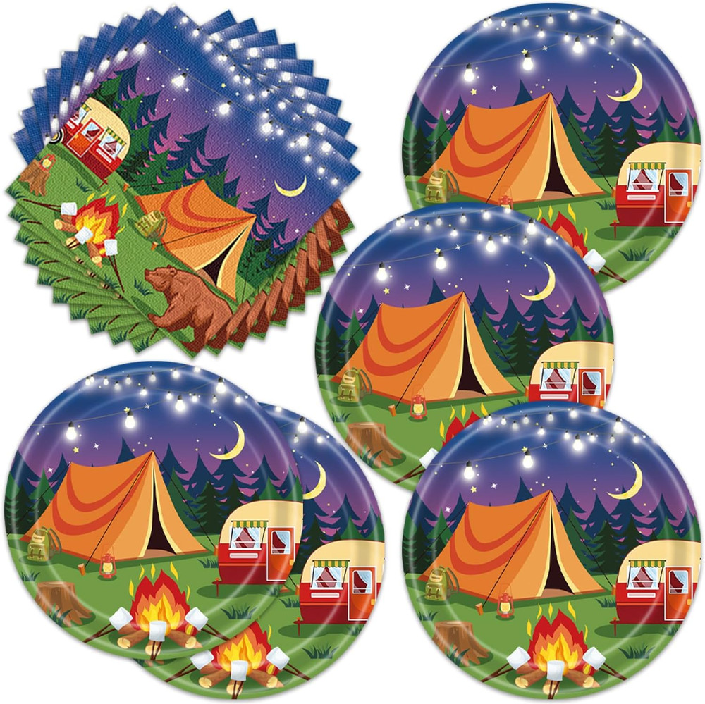 40pcs Camping Party Supplies Campfire Hiking Camper Theme Birthday Paper Plates