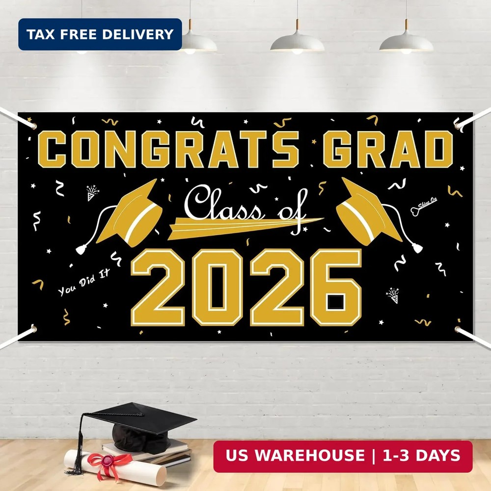 2026 Graduation Decorations – Black Gold Polyester Graduation Backdrop – Graduat