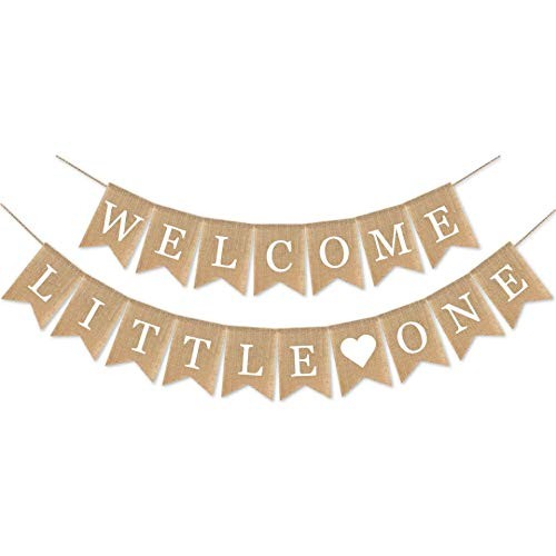 SWYOUN Burlap Welcome Little One Banner Baby Shower Garland Beige, Brown