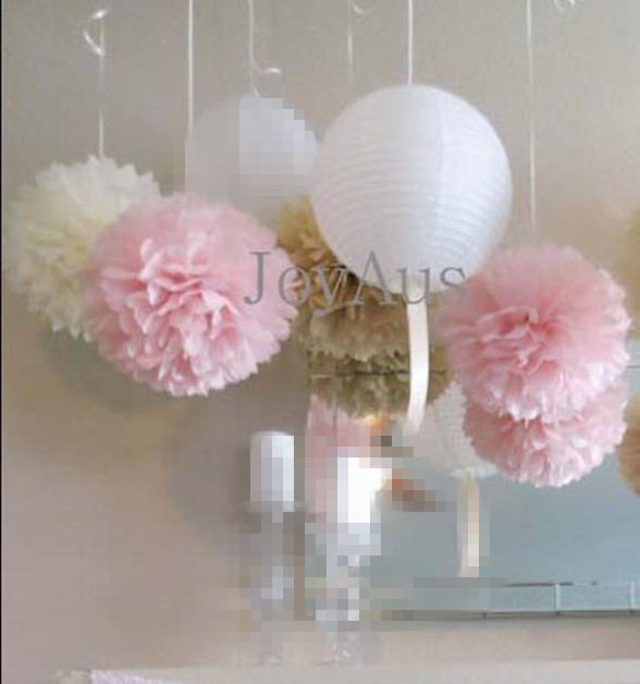 40x pink cream paper pom poms white lanterns wedding birthday hanging decoration