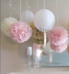 40x pink cream paper pom poms white lanterns wedding birthday hanging decoration