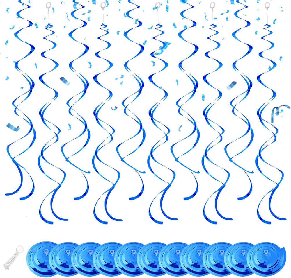 Royal Blue Hanging Swirls Party Decorations 30 Pack- Extra Long Double Swirl Cei
