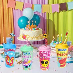 Summer Pool Party Cups Set 24 Reusable Plastic Cups With Lids Straws