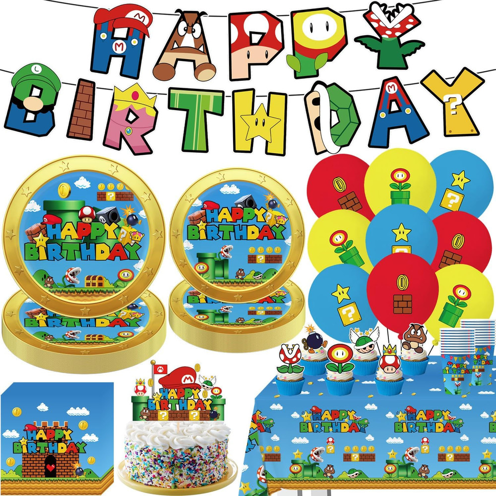 104Pcs Super Birthday Party Decorations Tableware Set Include Banner,Cake Topper