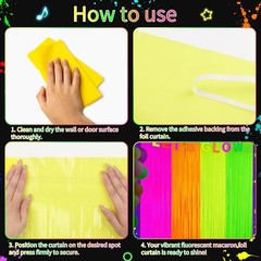 Glow in the Dark Tinsel Curtains Pack – Neon Party Decorations 3.3×6.6ft UV 4