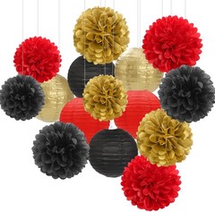 Red Black Gold Paper Flowers Lanterns Tissue Pom Poms Casino Theme Set 15 PCS