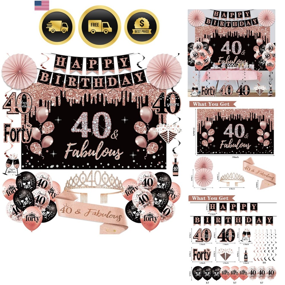 33pcs Black Rose Gold Happy 40th Birthday Banner Crown and Sash Balloons Back…