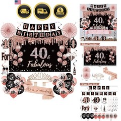33pcs Black Rose Gold Happy 40th Birthday Banner Crown and Sash Balloons Back…