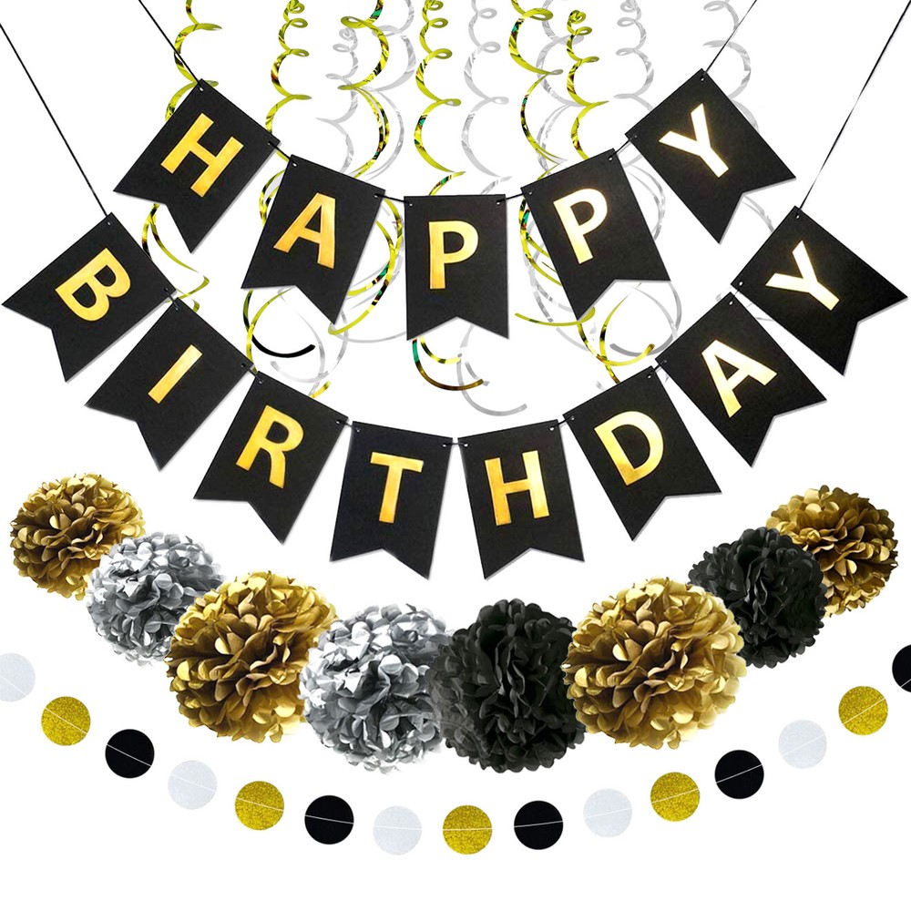 Happy Birthday Banner Party Decorations – Black Gold Decor Supplies Kit for Kids