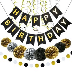Happy Birthday Banner Party Decorations – Black Gold Decor Supplies Kit for Kids