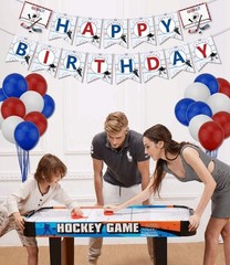 Complete Hockey Birthday Decorations: Banner, Balloons, Swirls & Tablecloth