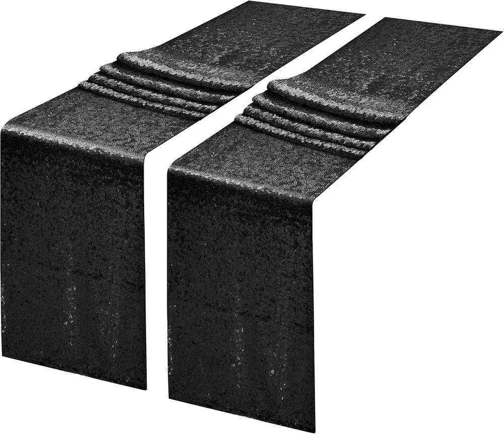 2 Packs 12 x 108 inches Black Sequin Table Runner Glitter for Wedding Birthday