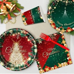 Red Green Christmas Tree Disposible Tableware Set (Plates, Cups, Napkins, Forks)