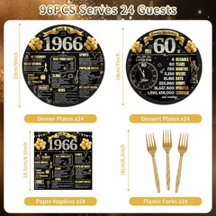 96 Pcs 60Th Birthday Decorations for Women Men, Black Gold Vintage Back in 1966
