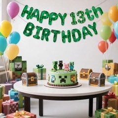 Green Pixel Birthday Banner, Pre-strung Minecraft Party Banner Video Game 13th