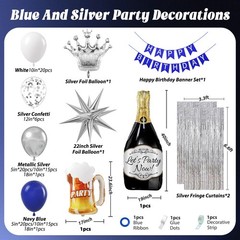 Blue and Silver Party Decorations, Blue Silver White Foil Balloons Happy Bann…