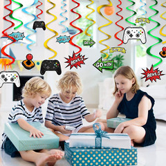 Watercolor Video Game Hanging Swirl – 28 PCS Video Game Party Decorations for Bo